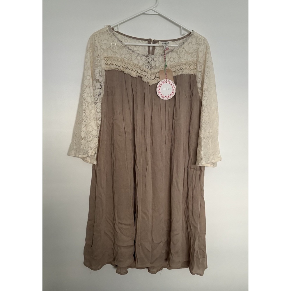 Umgee‎ Women's Lace Fringe Baby Doll Tunic Swing Dress Latte NEW SzL 35inclong